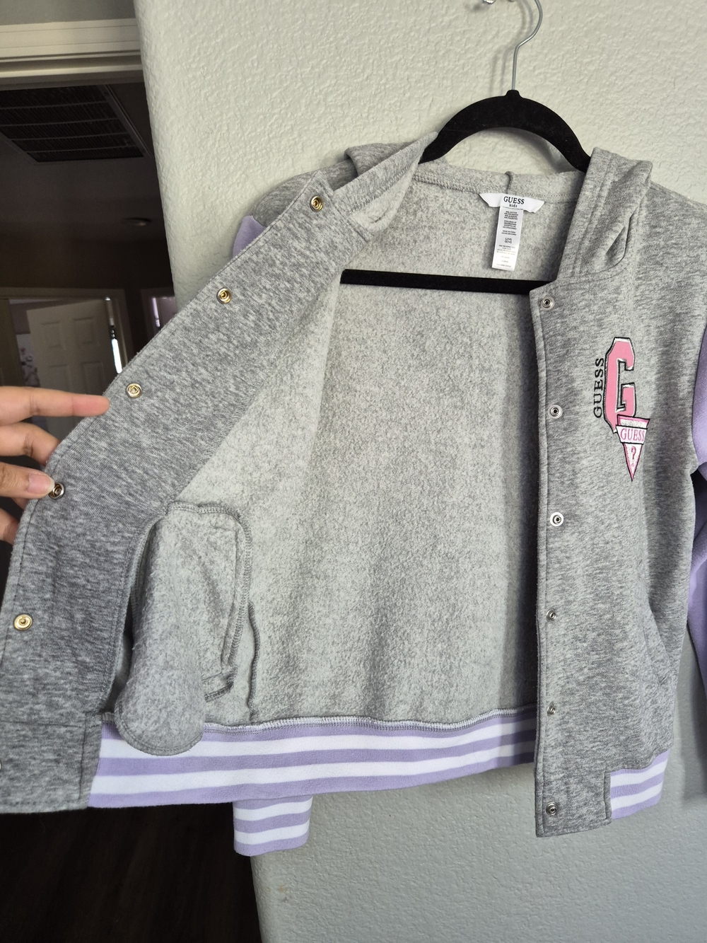 GUESS Girls' Gray & Lavender Logo Hooded Button-Up Jacket - Picture 2 of 7